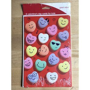 6 Valentines Day Cards W/ Envelopes Candy Hearts with Faces American Greetings
